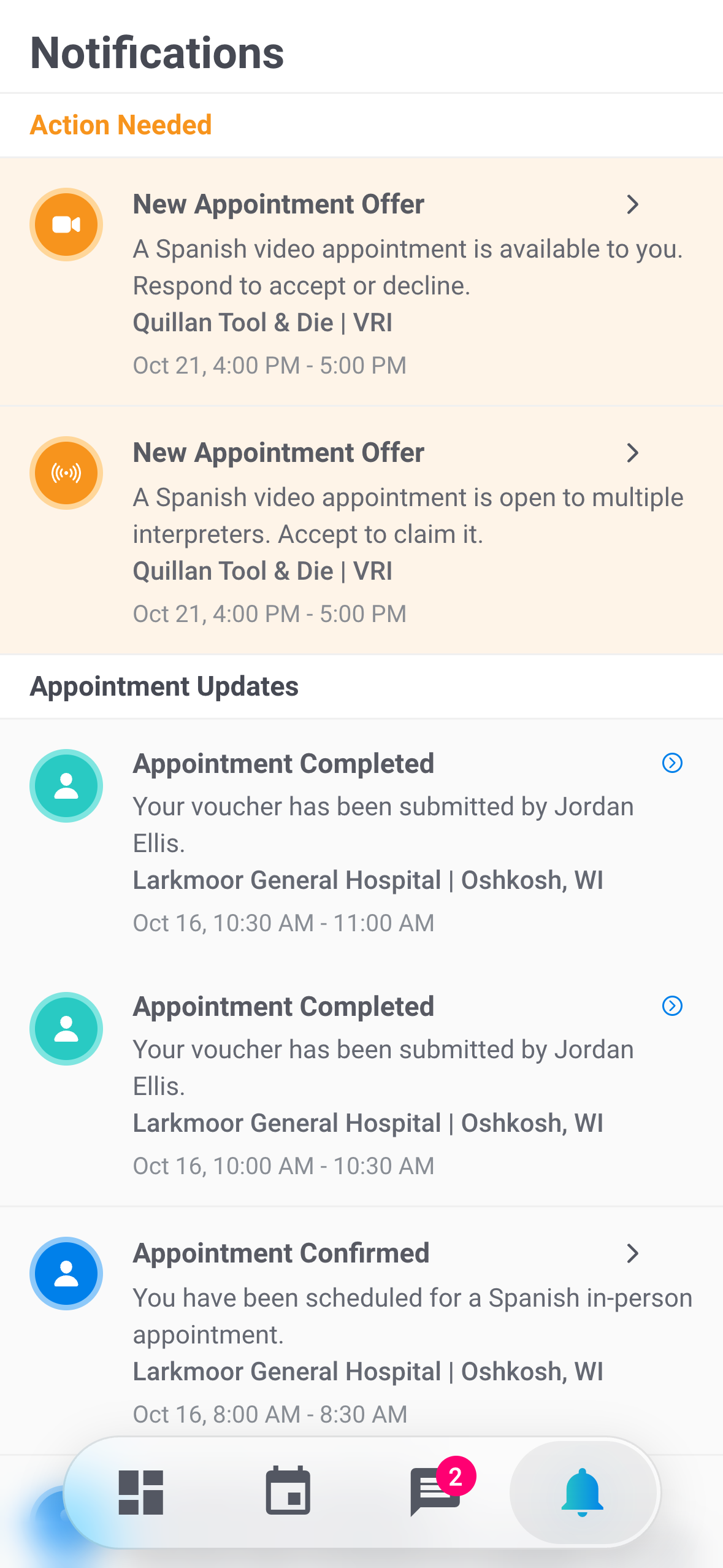 Notifications screen with 2 offers under Action Needed, New Interpreter Request and New Appointment Offer