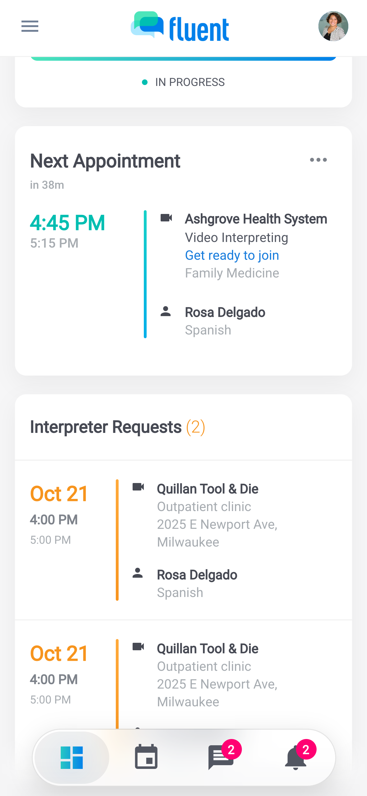 Dashboard Interpreter Requests card listing 2 open offers waiting for an answer