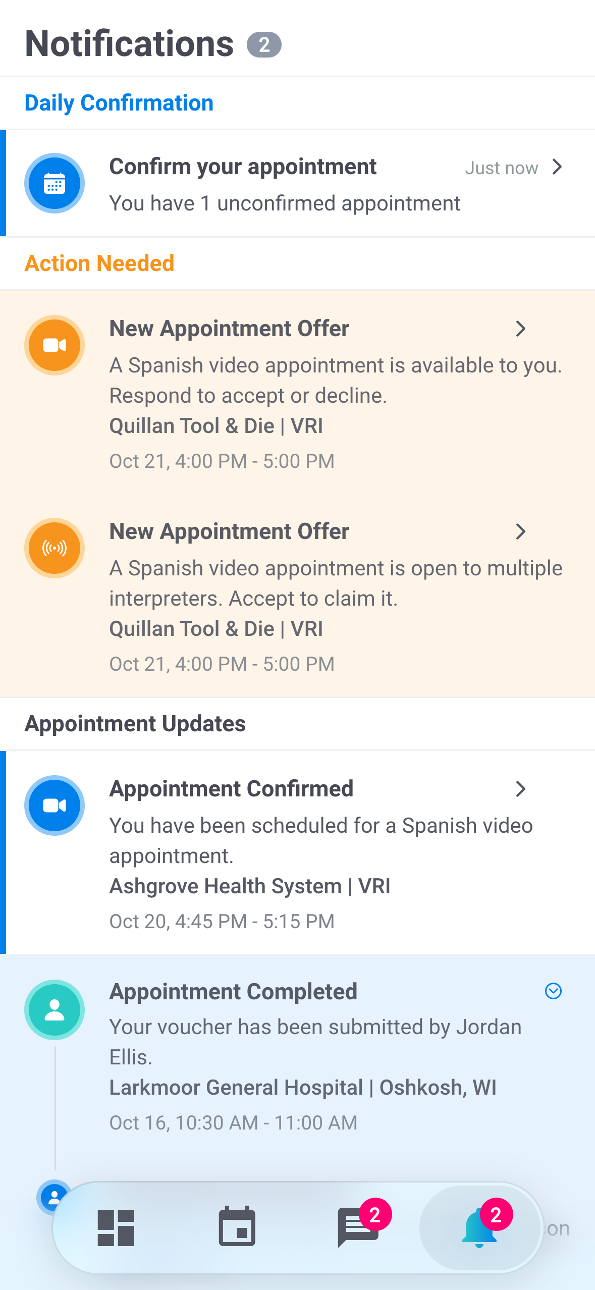 Notifications with an appointment's stacked notifications expanded under Appointment Updates