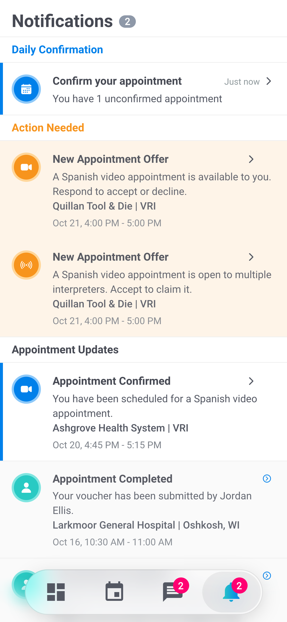 Notifications with the Daily Confirmation, Action Needed, and Appointment Updates sections and the bell badge