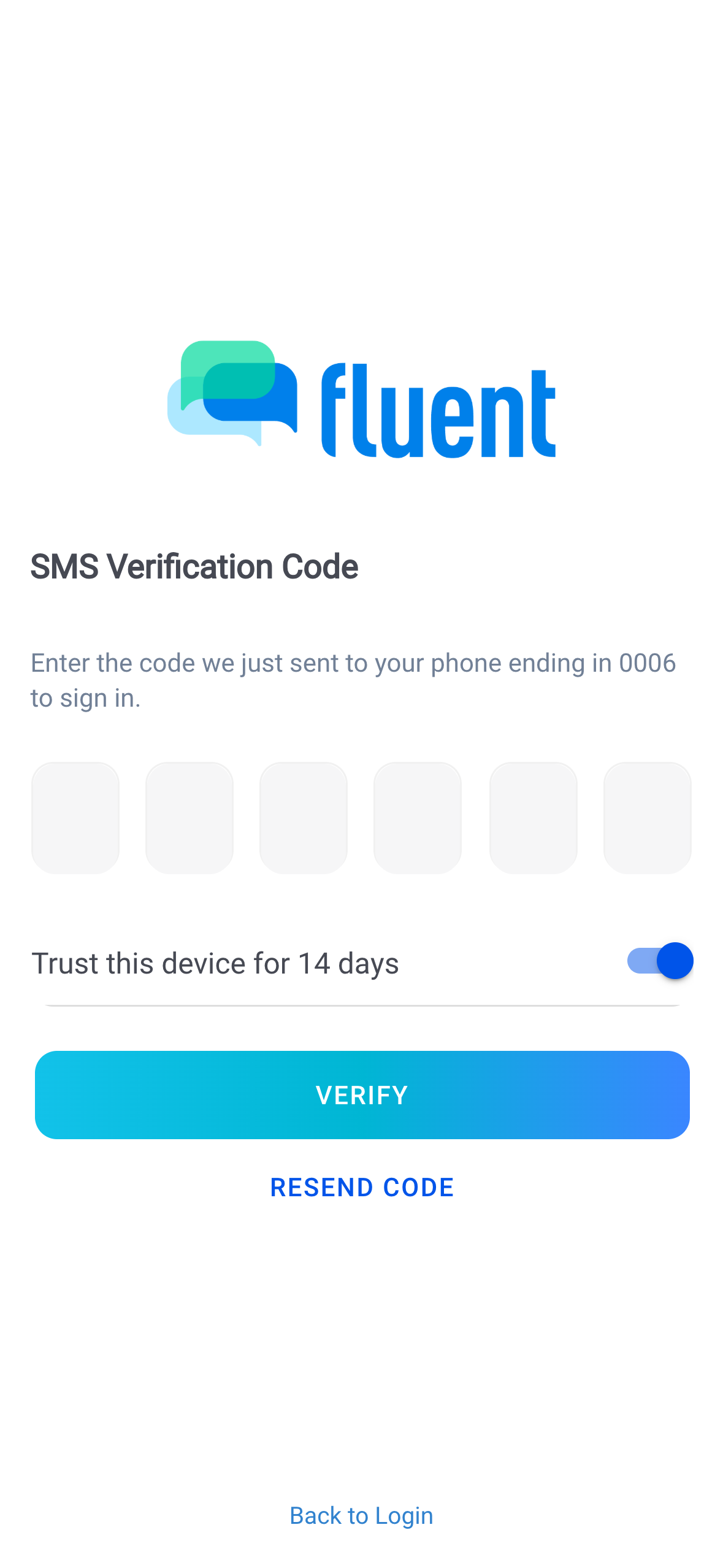 SMS Verification Code screen with the 6 code boxes, Trust this device for 14 days on, and Verify