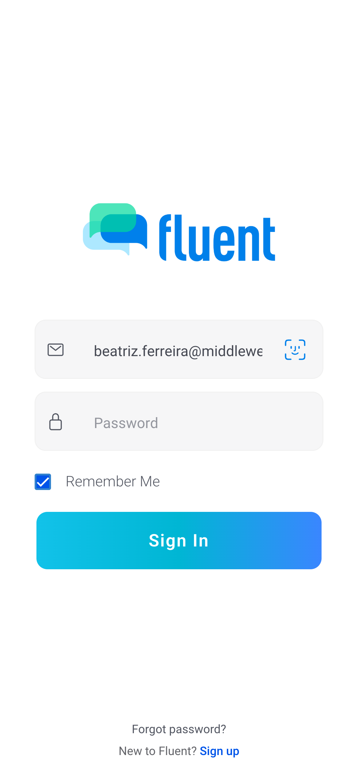 Mobile sign in screen with empty Email and Password fields, Remember Me, and Sign In