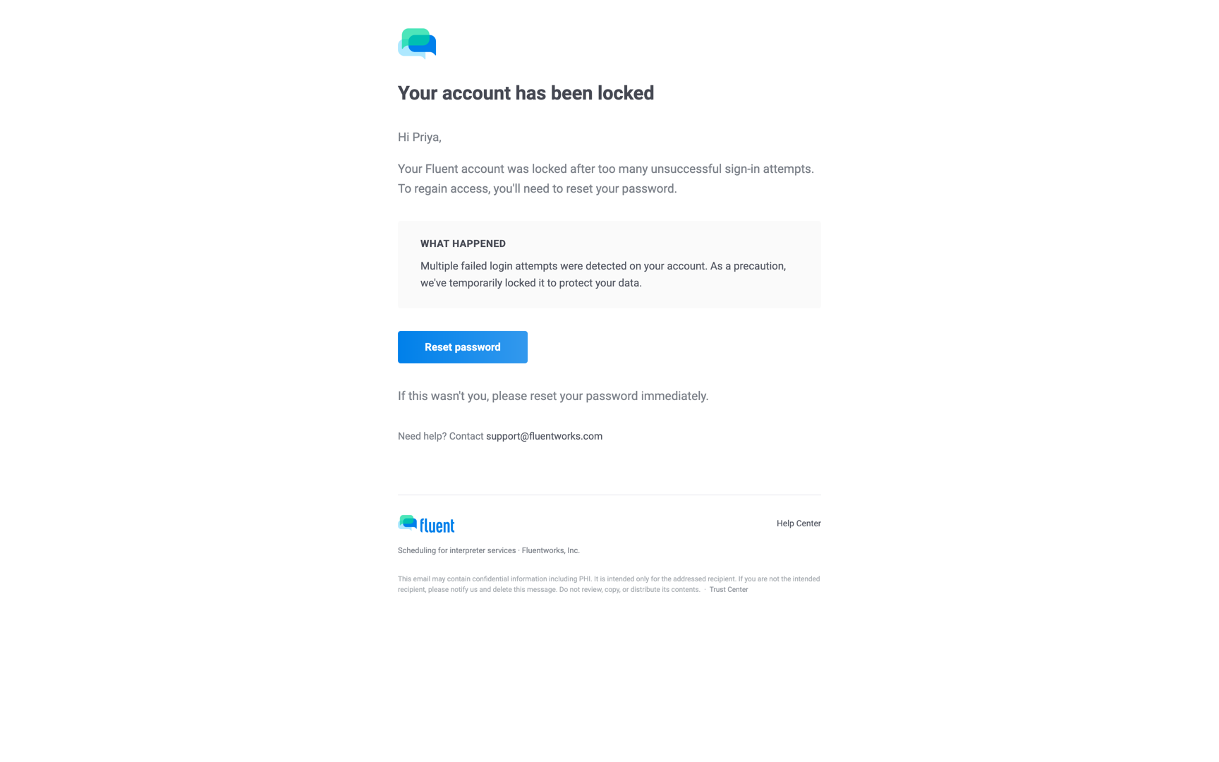 The "Your account has been locked" email with its Reset password button