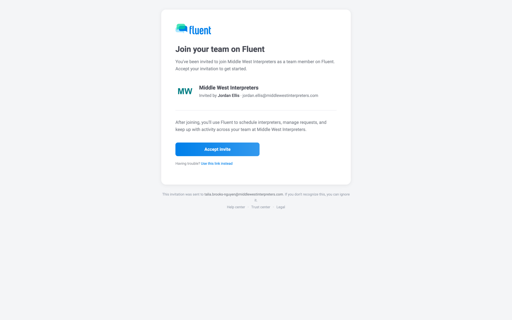 Invitation email "Join your team on Fluent" with the inviter card and the Accept invite button