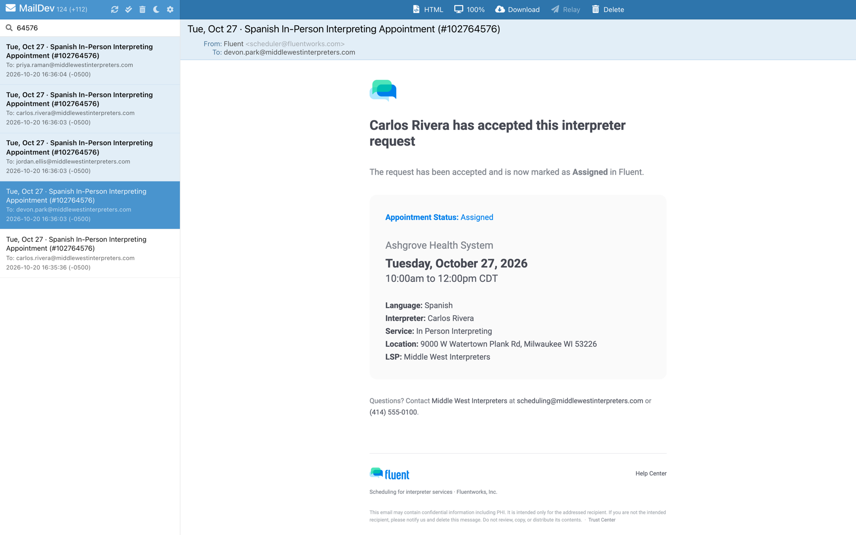 Email from scheduler@fluentworks.com headed with the interpreter's name and "has accepted this interpreter request"