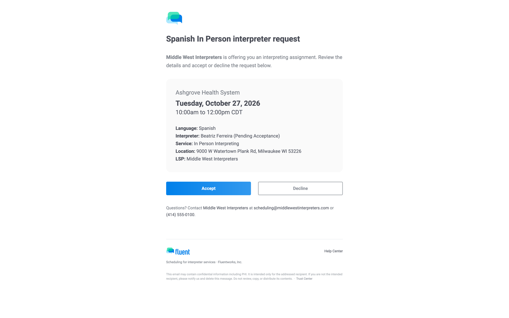 Auto-assign offer email headed New: Spanish In-Person interpreter request with the Accept and Decline buttons