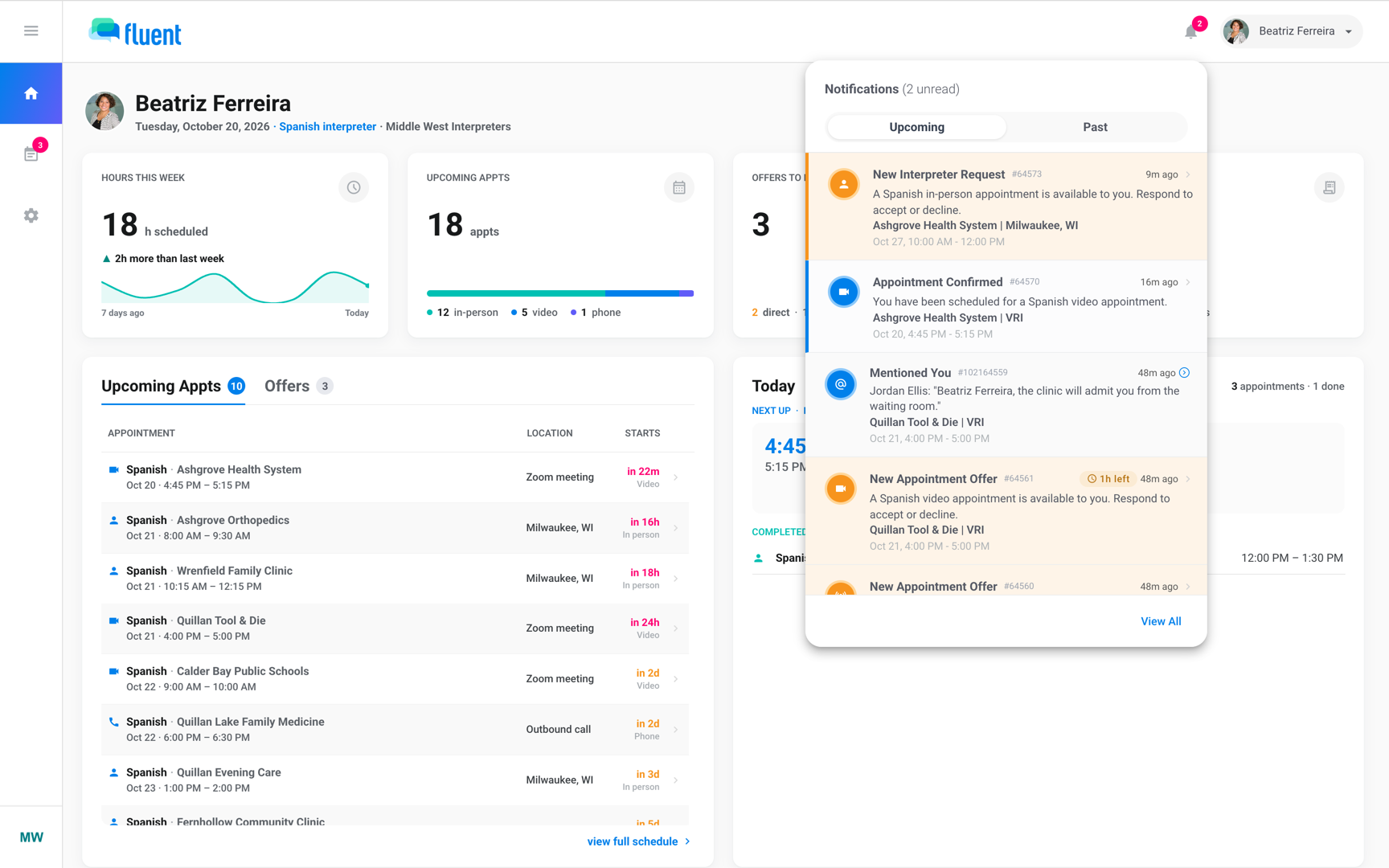 Web app bell open on Upcoming with a New Appointment Offer row showing its time-left pill and a New Interpreter Request row