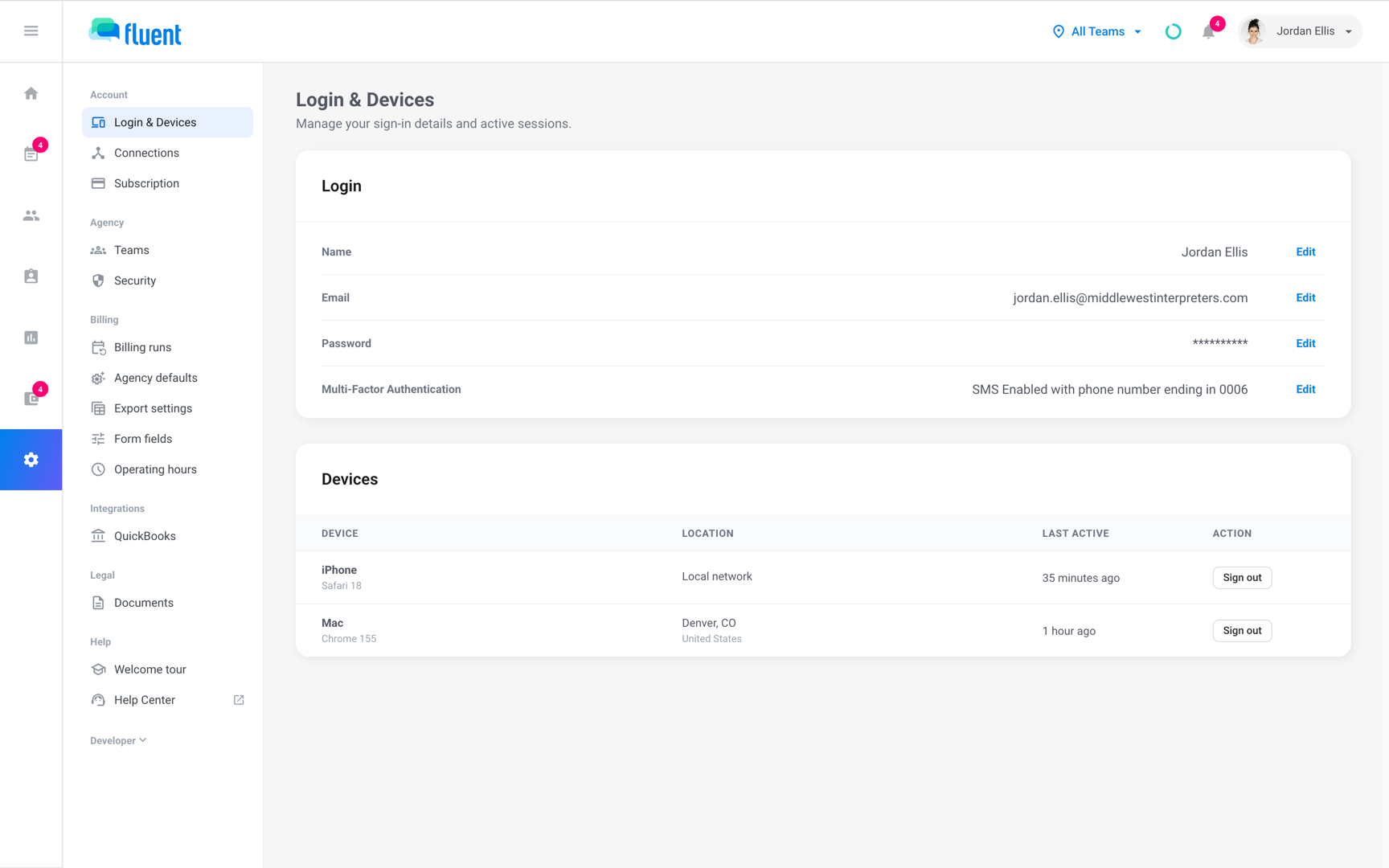 Settings › Login & Devices with the Email row and a phone listed under Devices with its Sign out button