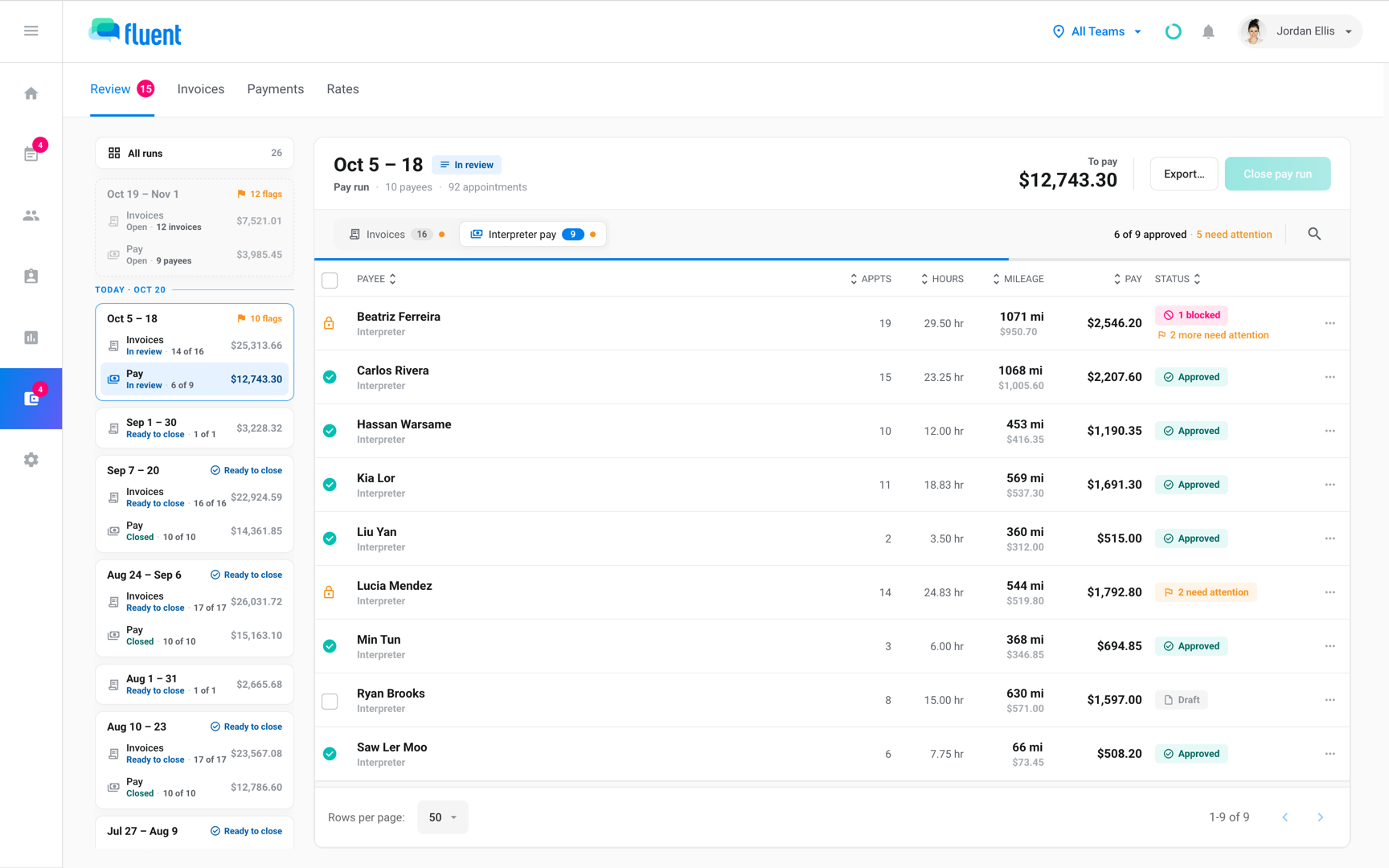 Billing › Review with a pay run open and its header reading Pay run #N