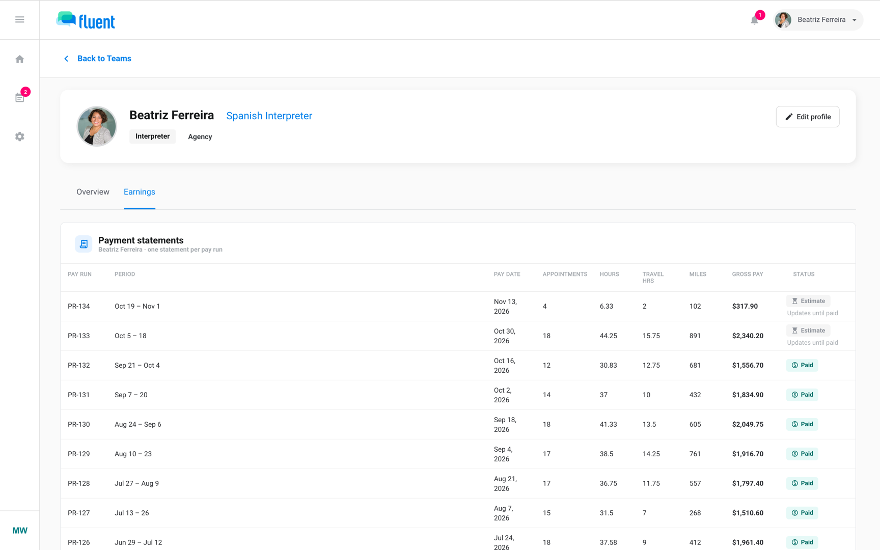 Profile › Earnings for an interpreter with pay statements reading Estimate and Paid