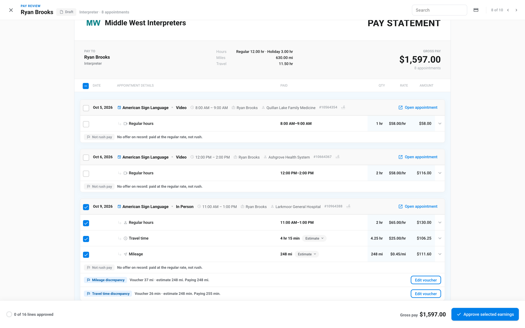Pay review dialog with service, travel time and mileage earnings, the Voucher and Estimate switch and the approve button