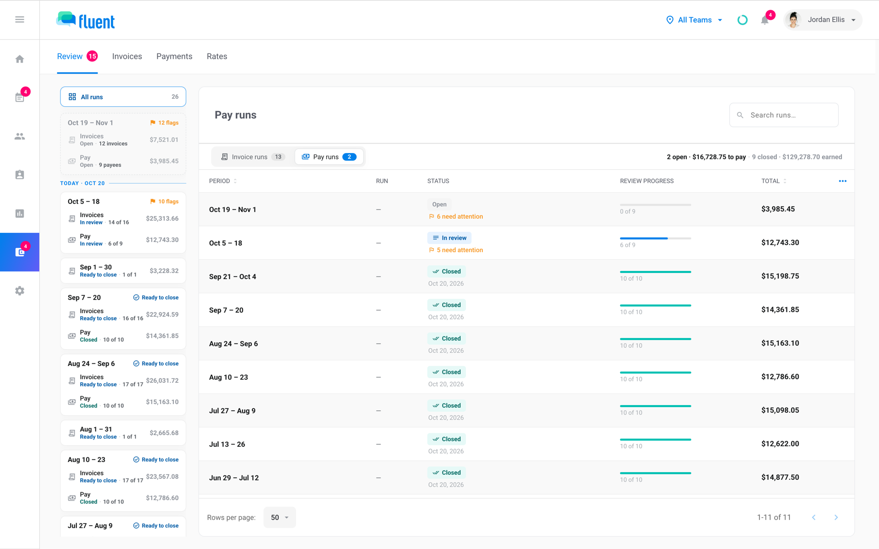 Billing › Review All runs on Pay runs with each pay run's status and review progress