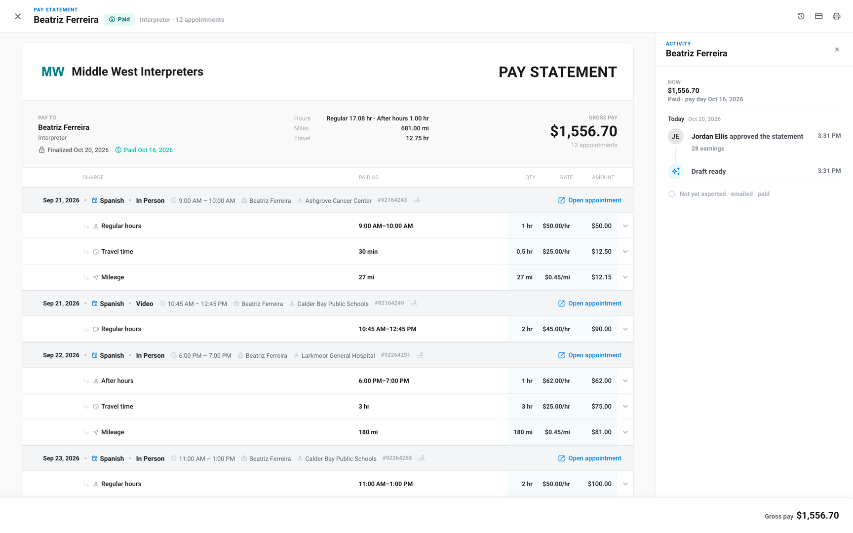Billing › Payments statement dialog with the activity panel listing closed, sent for payment, marked paid and emailed