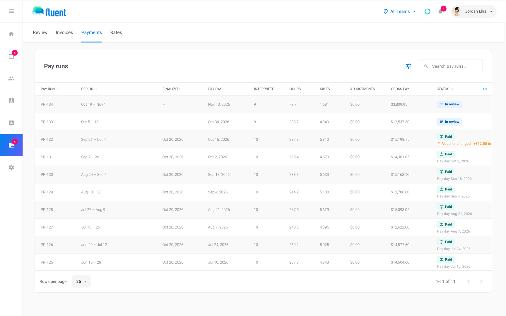 Billing › Payments Pay runs list with runs reading Paid, Processing, Closed, and In review