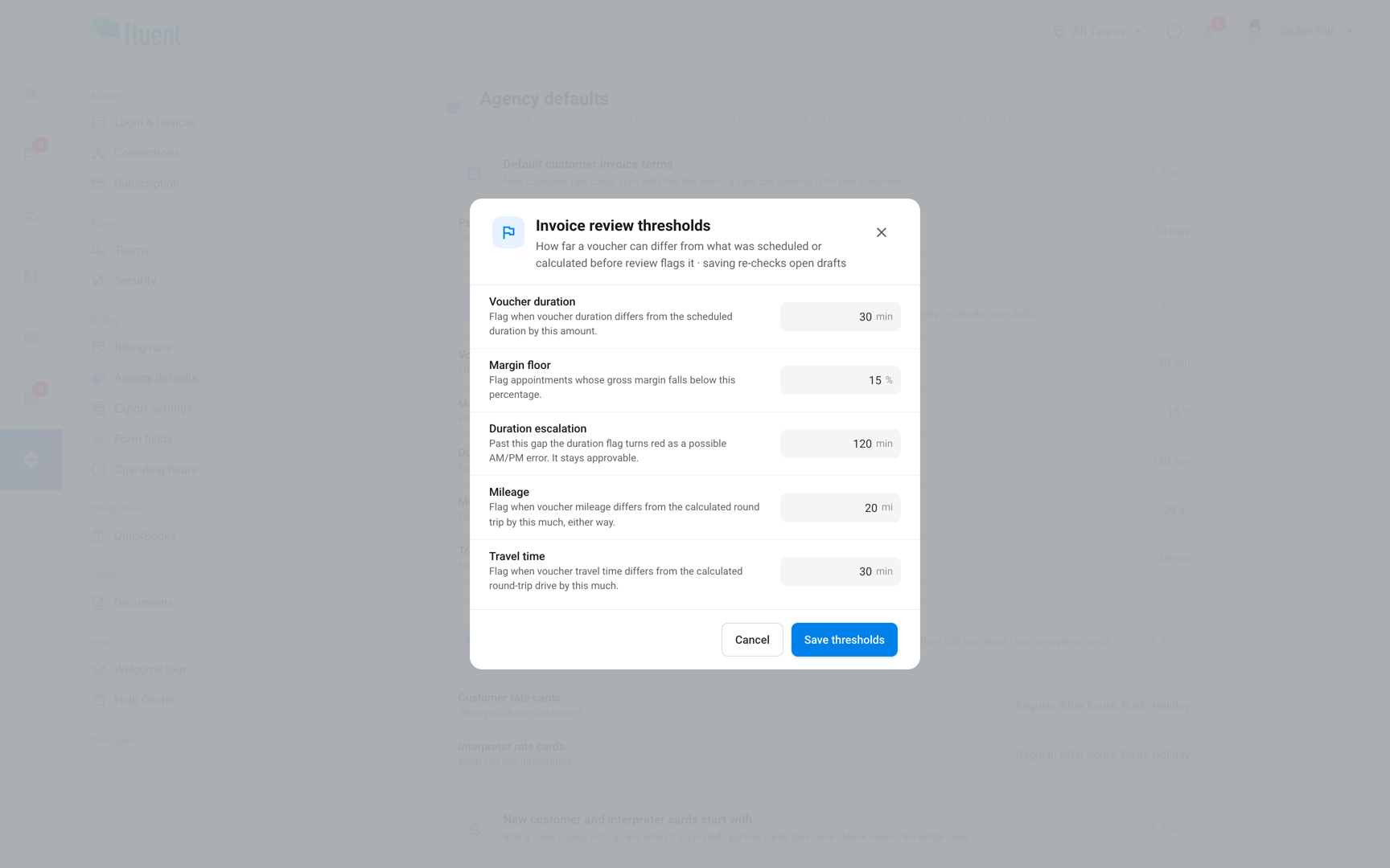 Invoice review thresholds dialog with Voucher duration, Margin floor, Duration escalation, Mileage, and Travel time