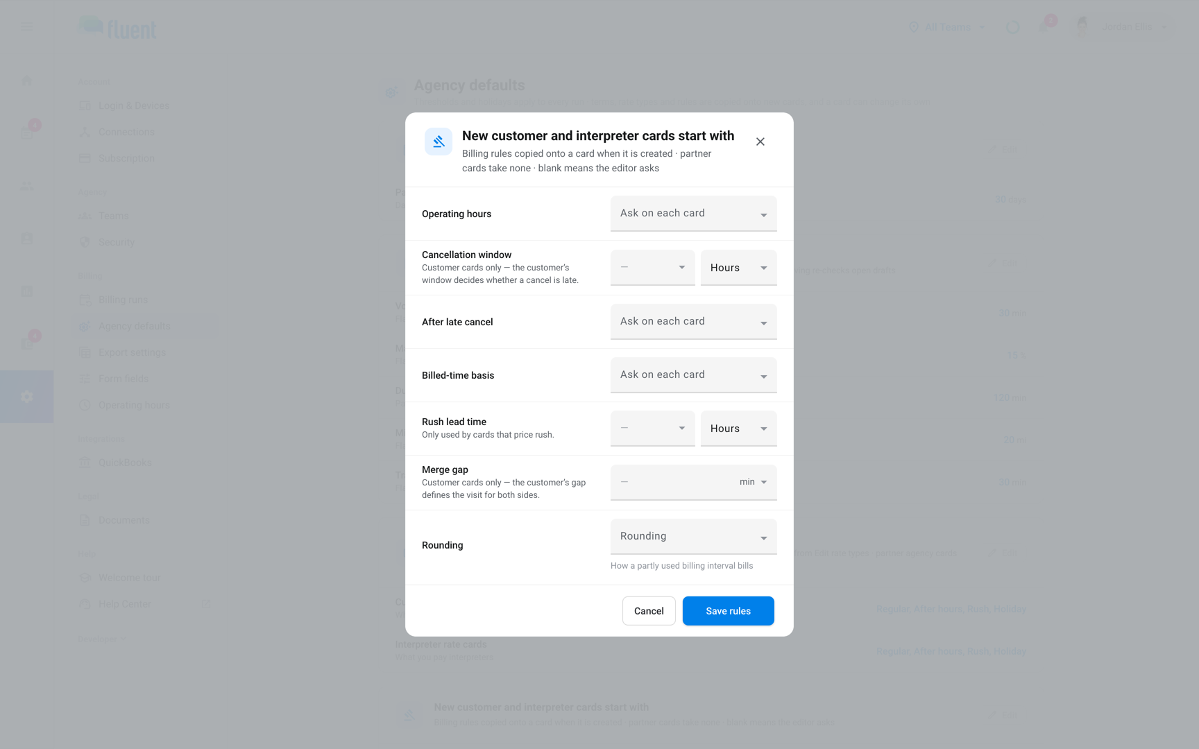New customer and interpreter cards start with dialog, with Billed-time basis left as Ask on each card