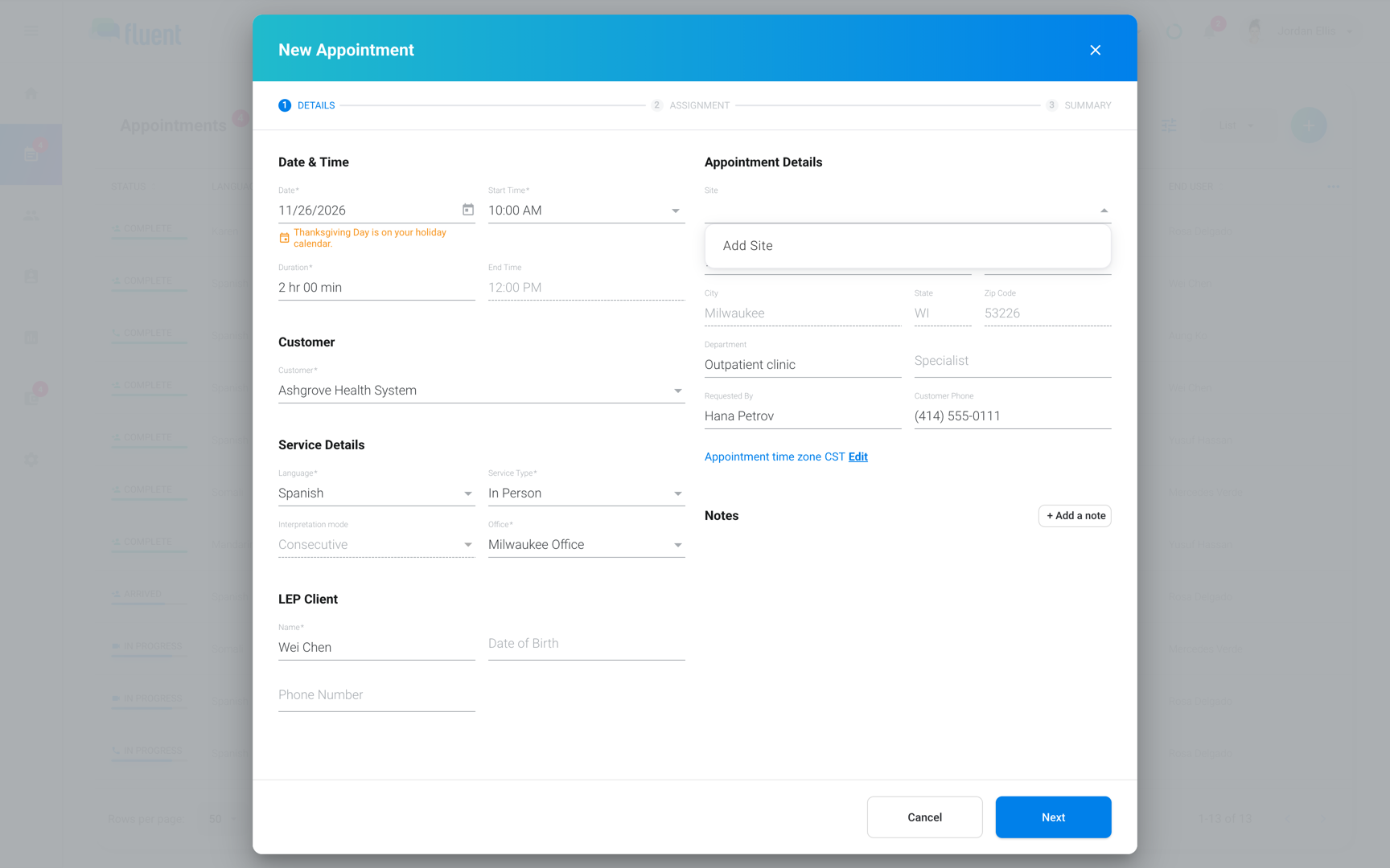 New Appointment dialog with the note "Thanksgiving Day is on your holiday calendar." under the date