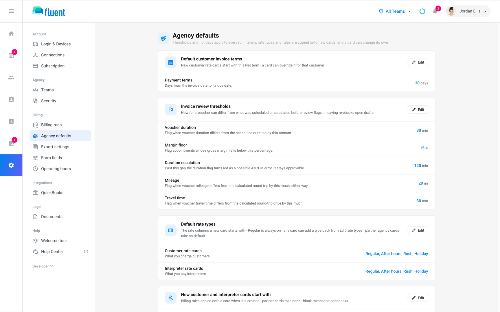 Settings › Agency defaults with the invoice terms, review thresholds, and default rate types sections