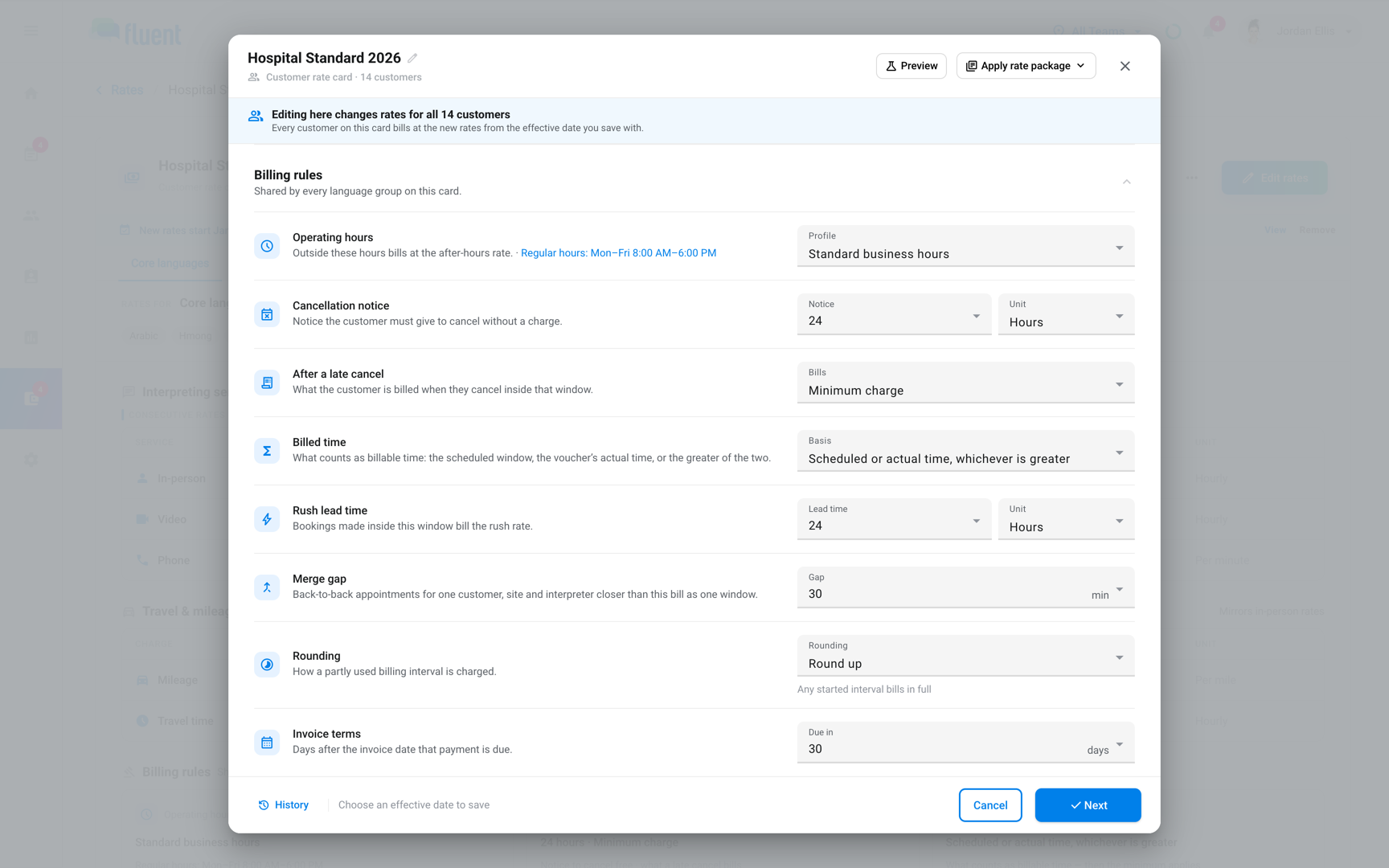 Rate editor Billing rules section with its 8 rows, from Operating hours to Invoice terms, all filled in