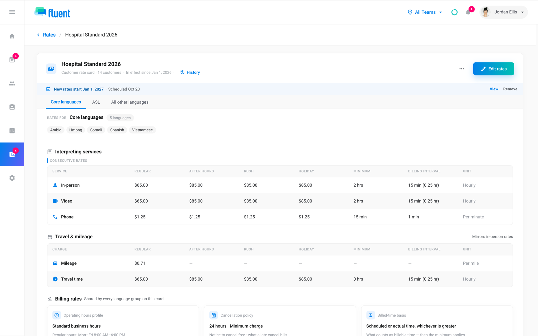 Customer rate card page Billing rules tiles, from Operating hours profile to Invoice terms
