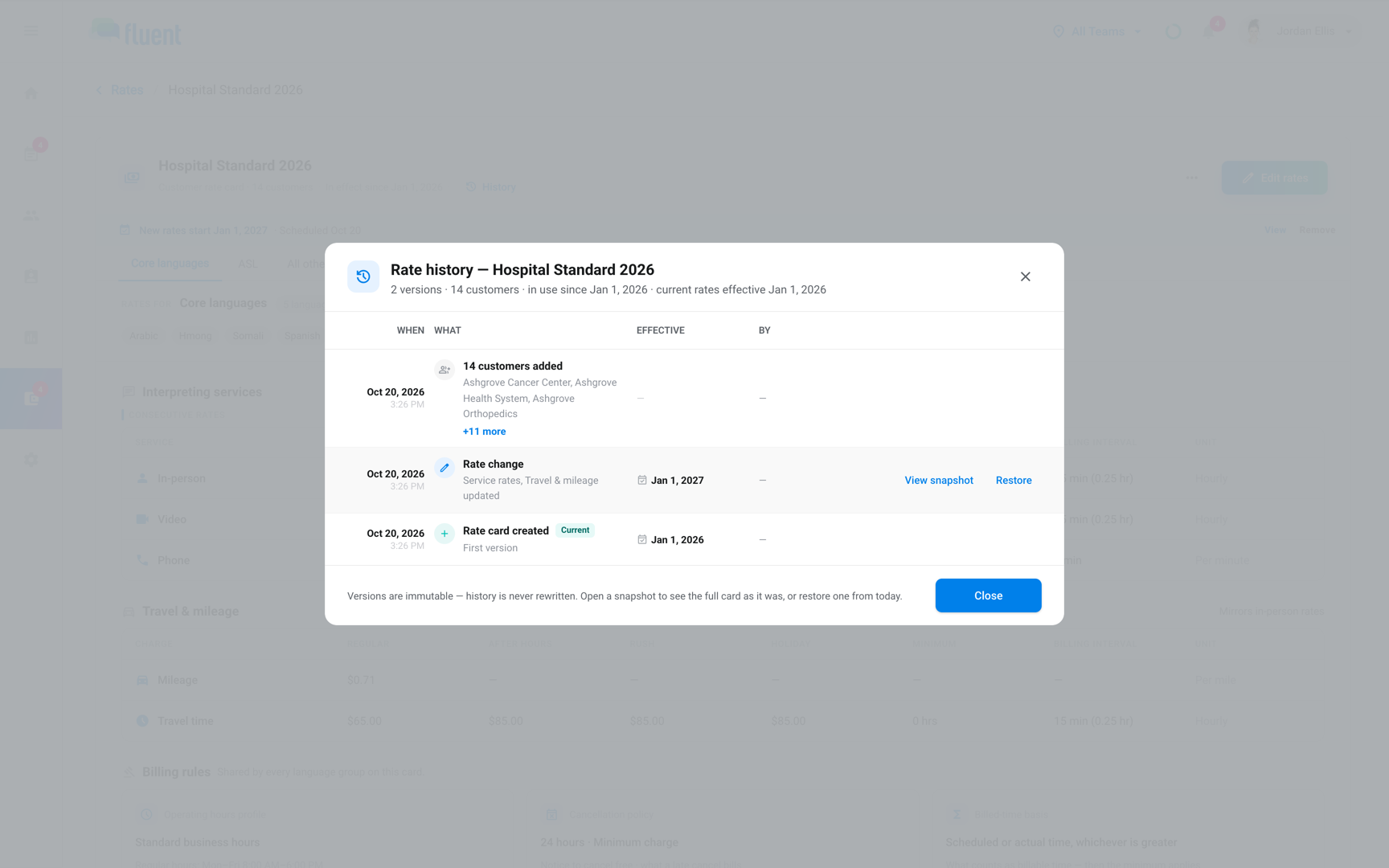 Rate history dialog listing each version of a customer rate card with its start date, reason and a Restore button