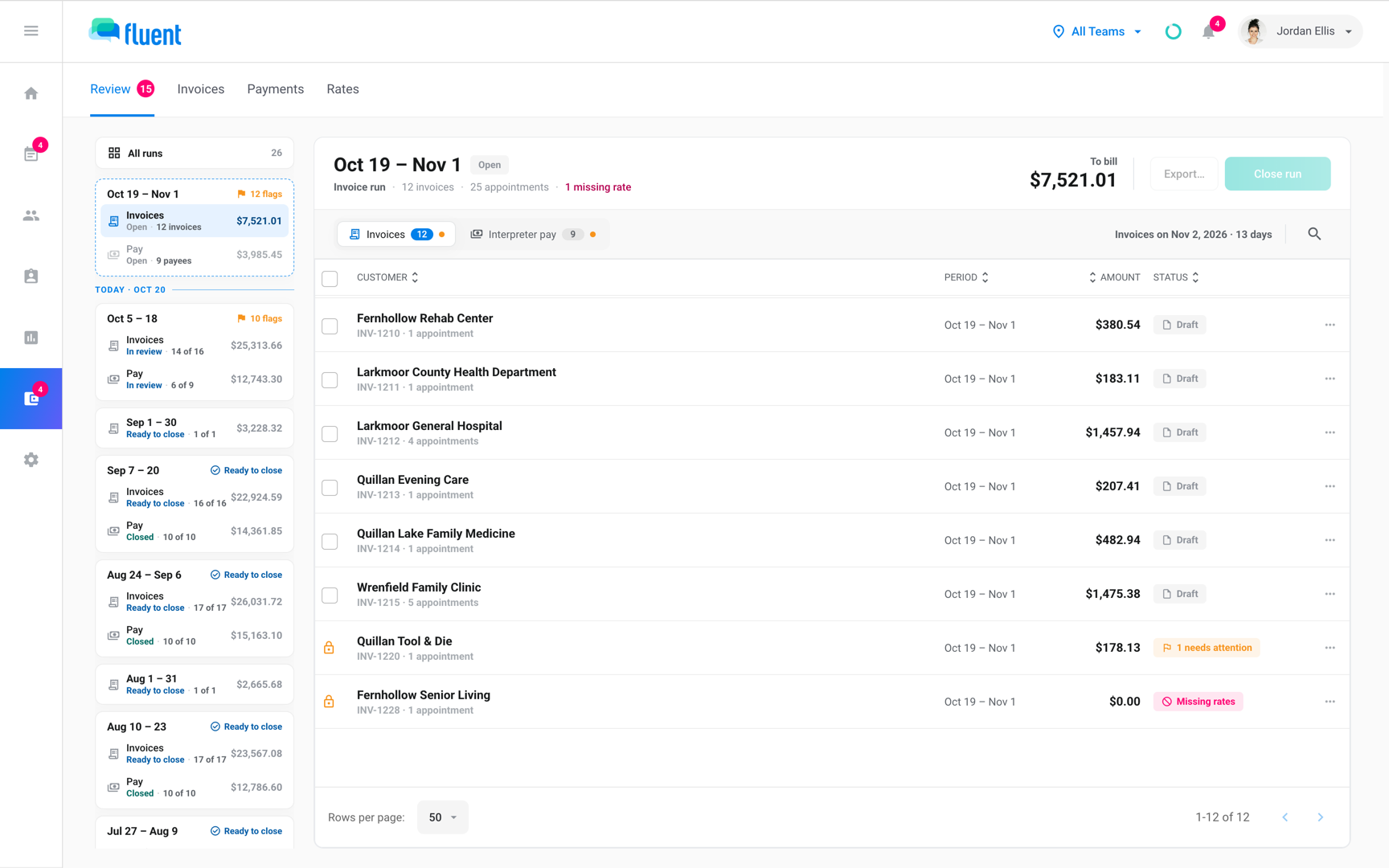 Billing › Review invoice run with 1 missing rate in red and an invoice whose Status reads Missing rates