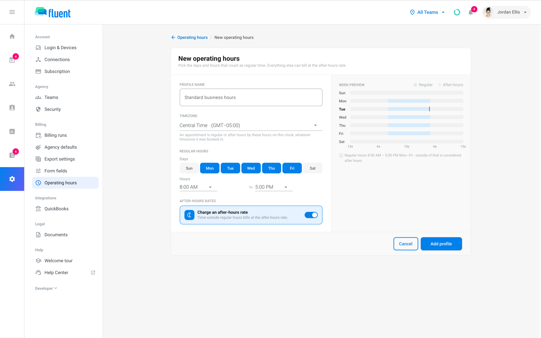 New operating hours editor with the Days, Hours, and Charge an after-hours rate controls beside the Week preview