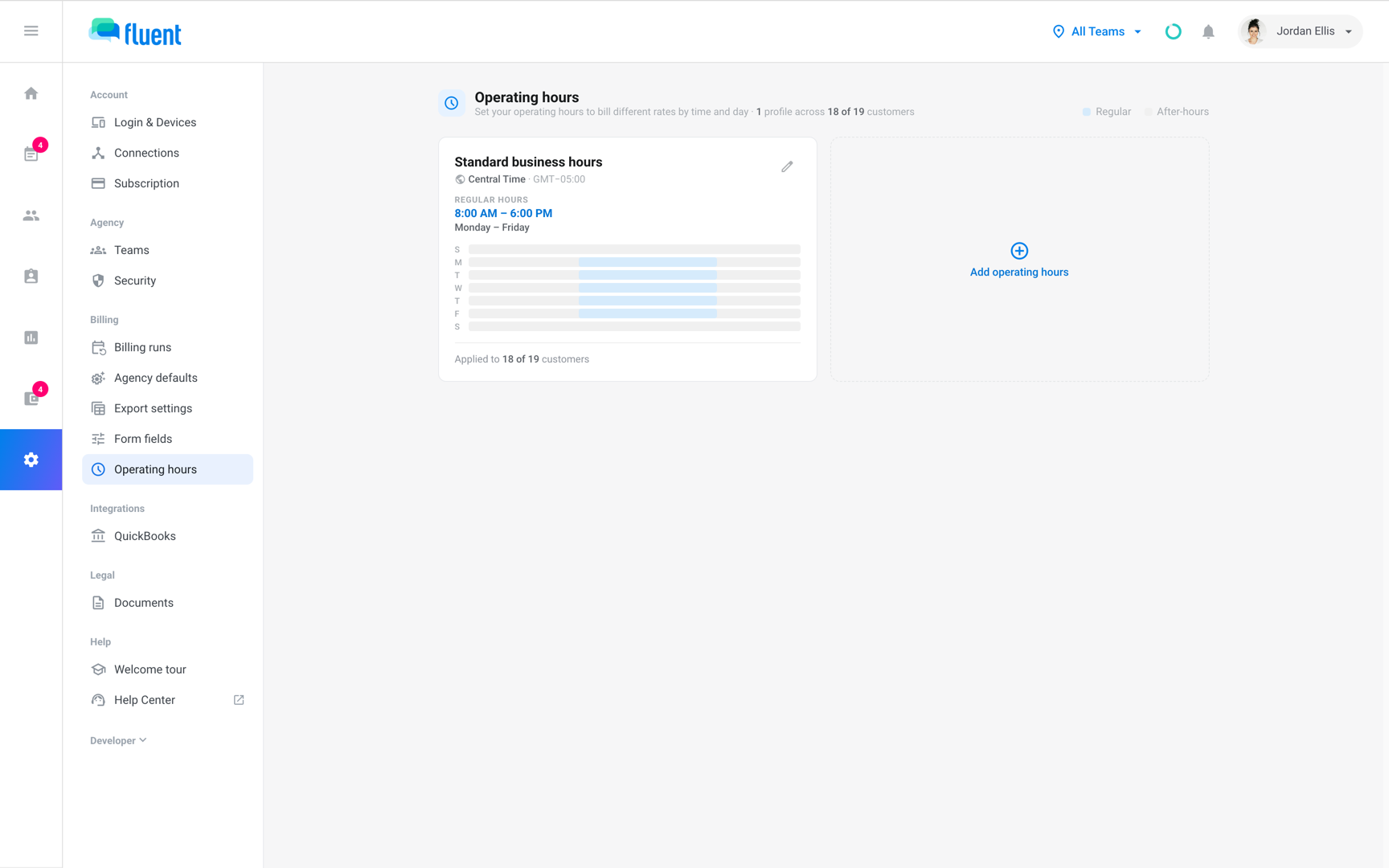 Settings › Operating hours with the Standard business hours tile and the Add operating hours tile