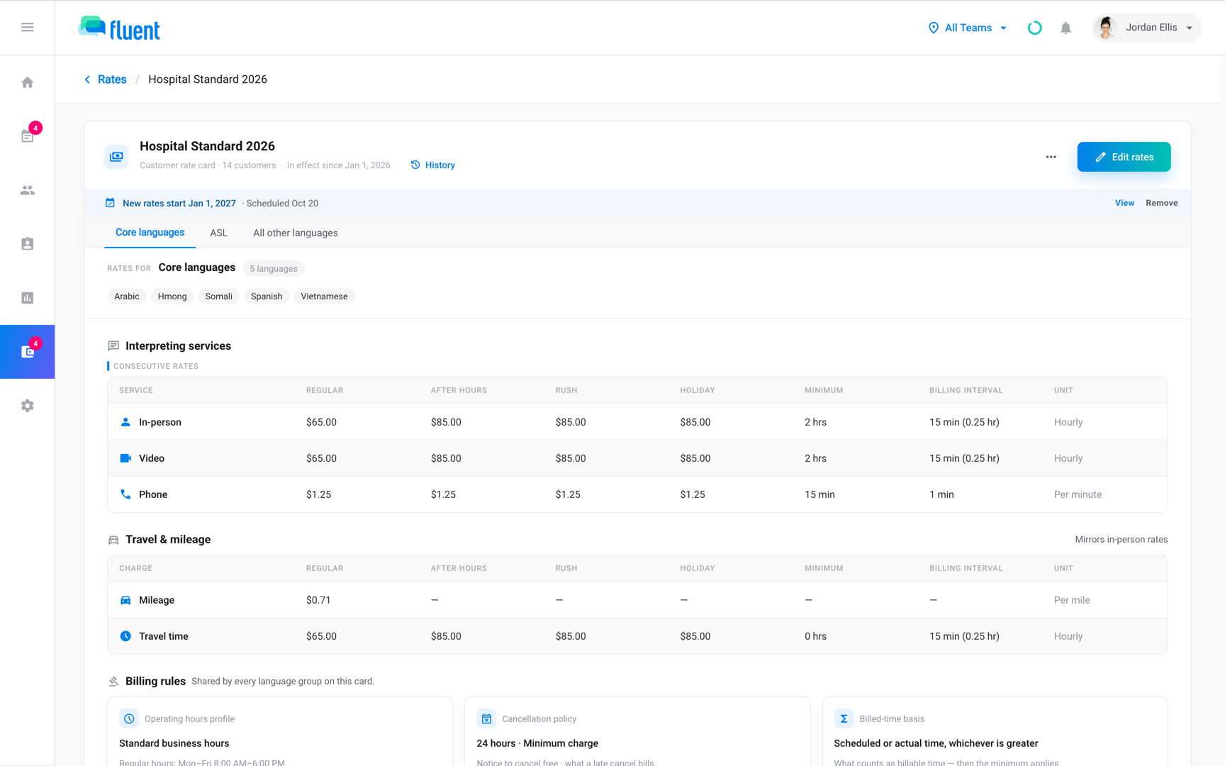 Customer rate card page with the "New rates start" banner for a scheduled rate change and the History button