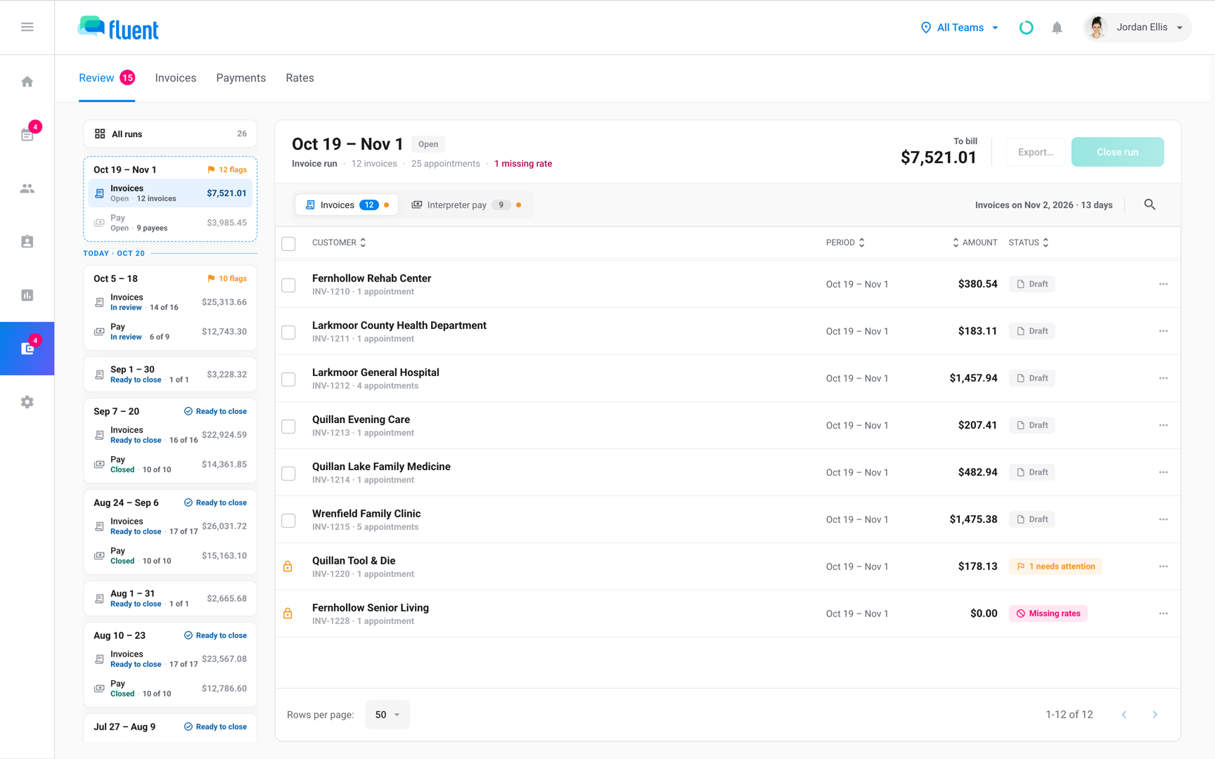 Billing › Review invoice run with one invoice showing the red Missing rates status among priced invoices
