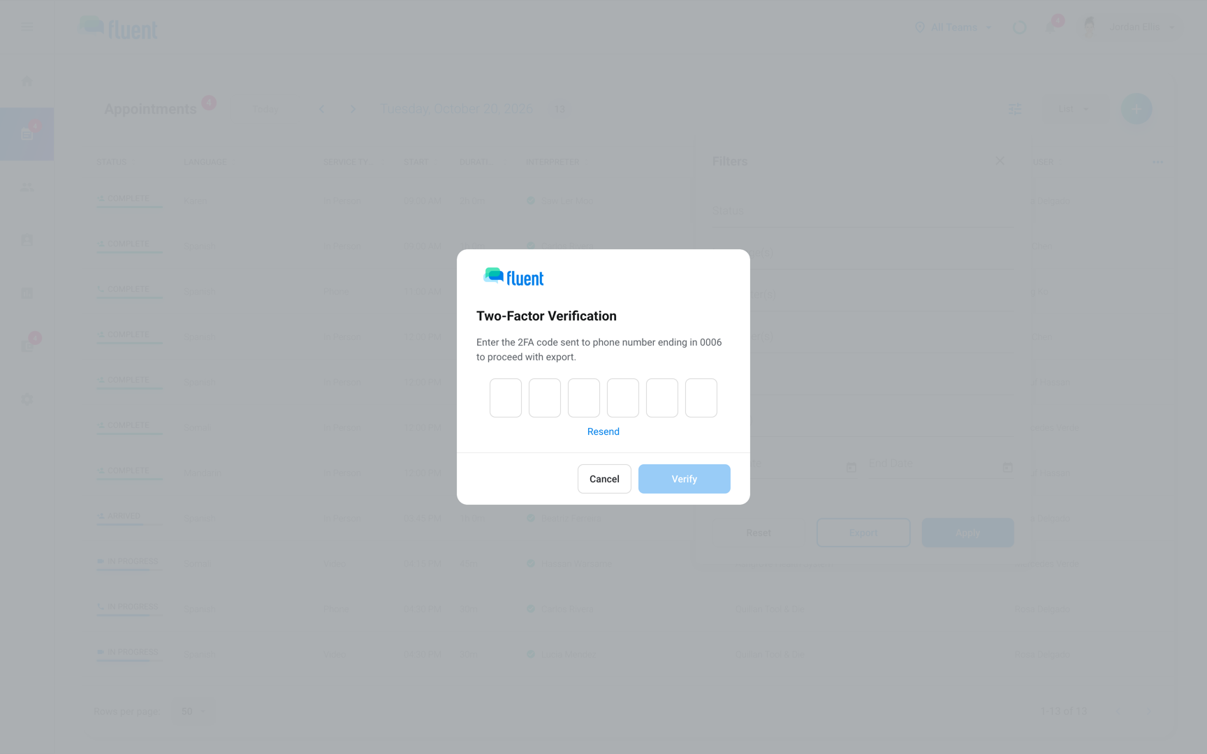 Appointments with the Two-Factor Verification dialog asking for the code sent to the phone ending in 4 digits