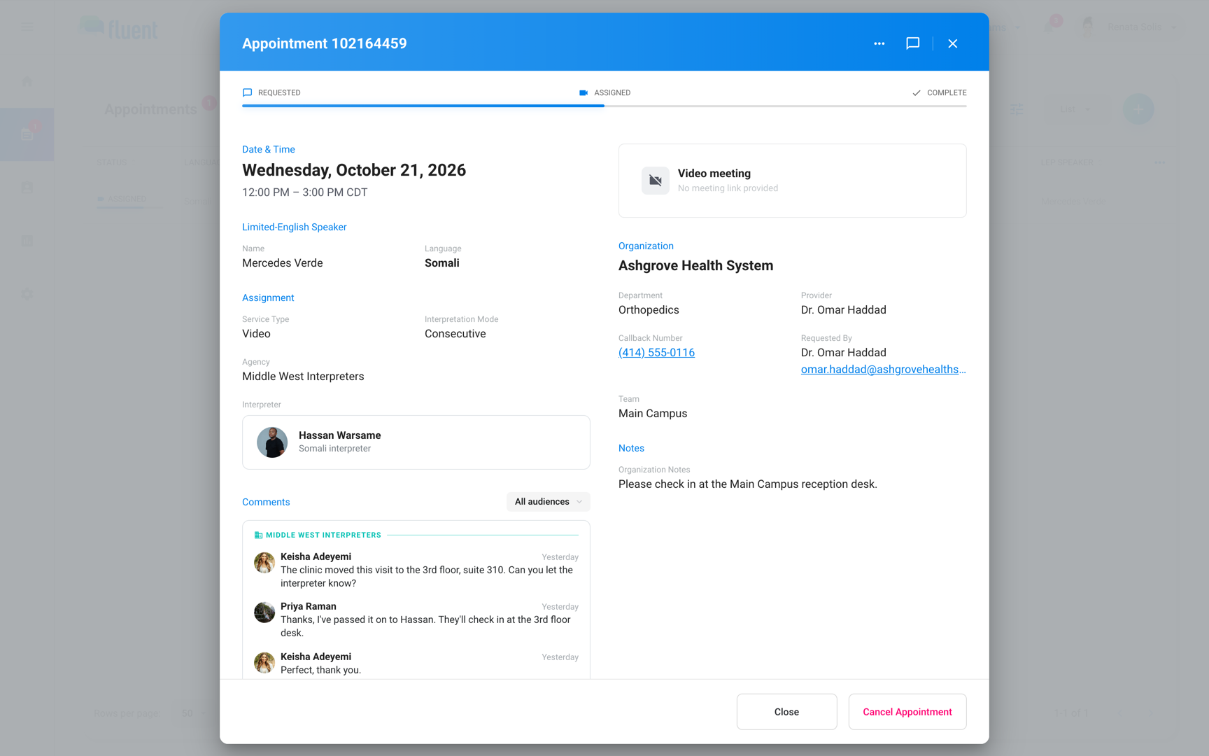 Organization view of the appointment dialog with the Limited-English Speaker section and the Cancel Appointment button