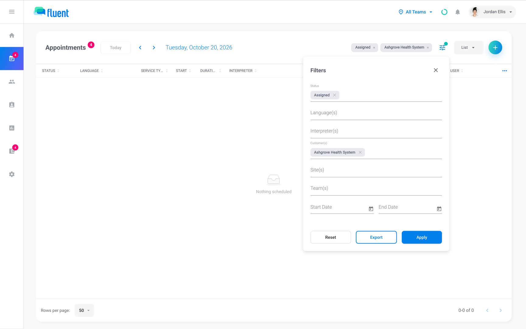 Appointments with the Filters panel open, a customer and status picked, and chips applied beside the icon