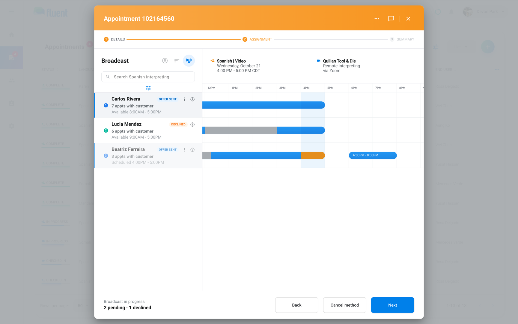 Appointment dialog Assignment step with a live broadcast, Offer sent and Declined rows, and the Cancel method button