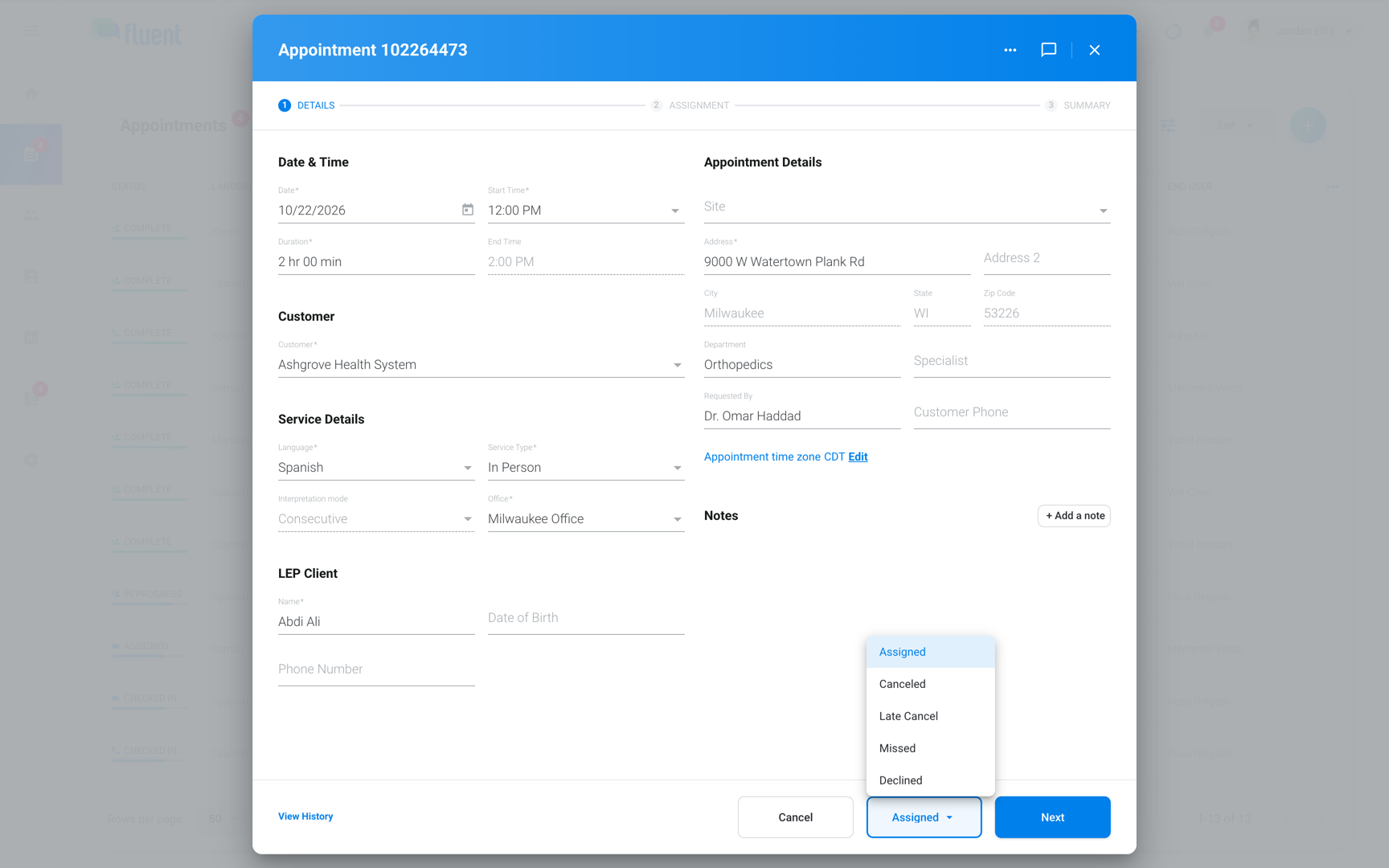 Appointment dialog in Edit with the status menu open on Assigned, Canceled, Late Cancel, Missed, and Declined