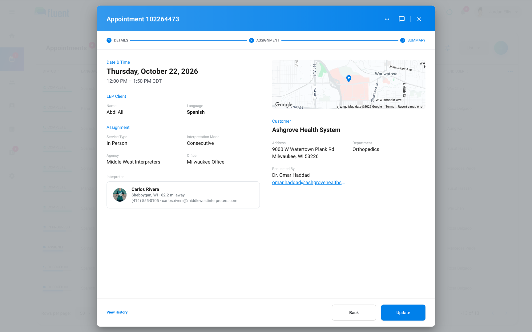 Appointment dialog on the Summary step of an existing appointment with the Update button enabled