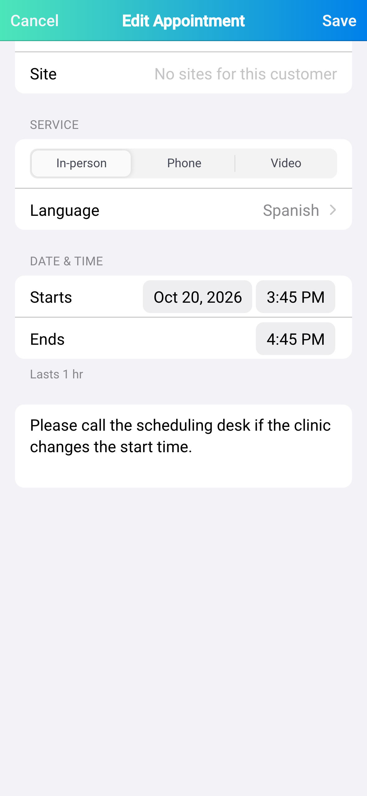Edit Appointment screen in the mobile app with Customer, Site, Service, Language, Starts, Ends, Notes, and Save