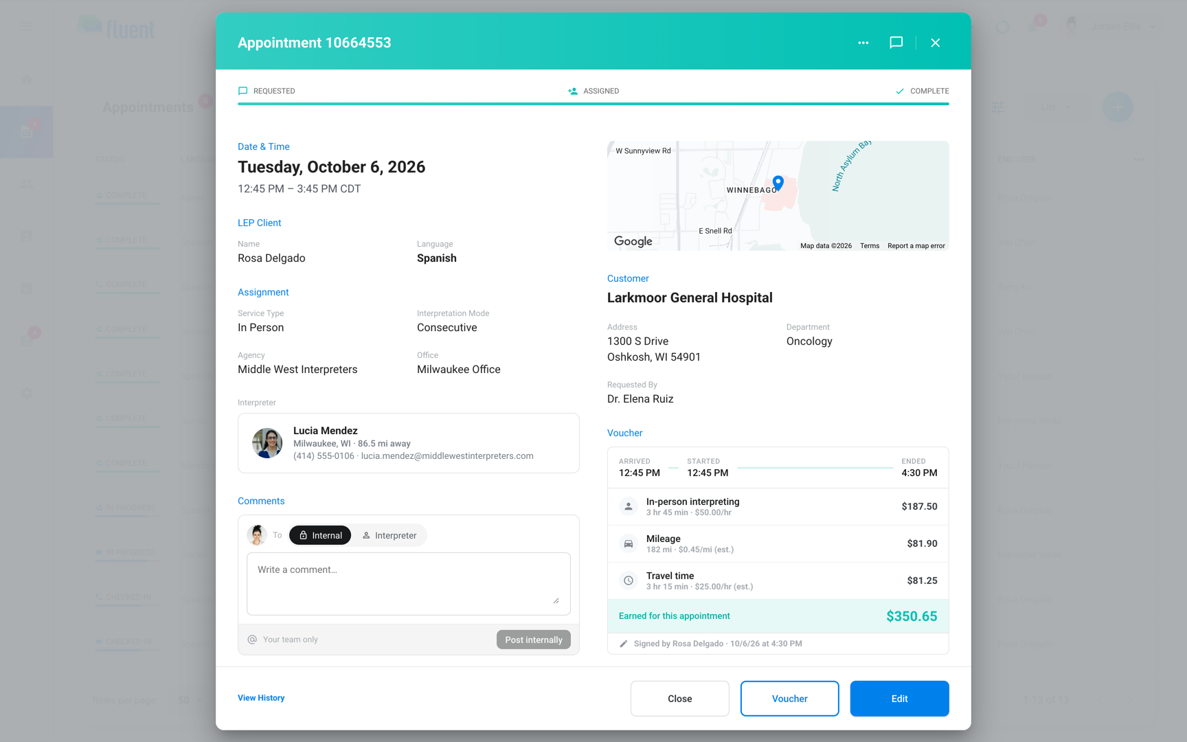 Appointment dialog with the Voucher card showing arrival, start, end, pay lines, and Earned for this appointment