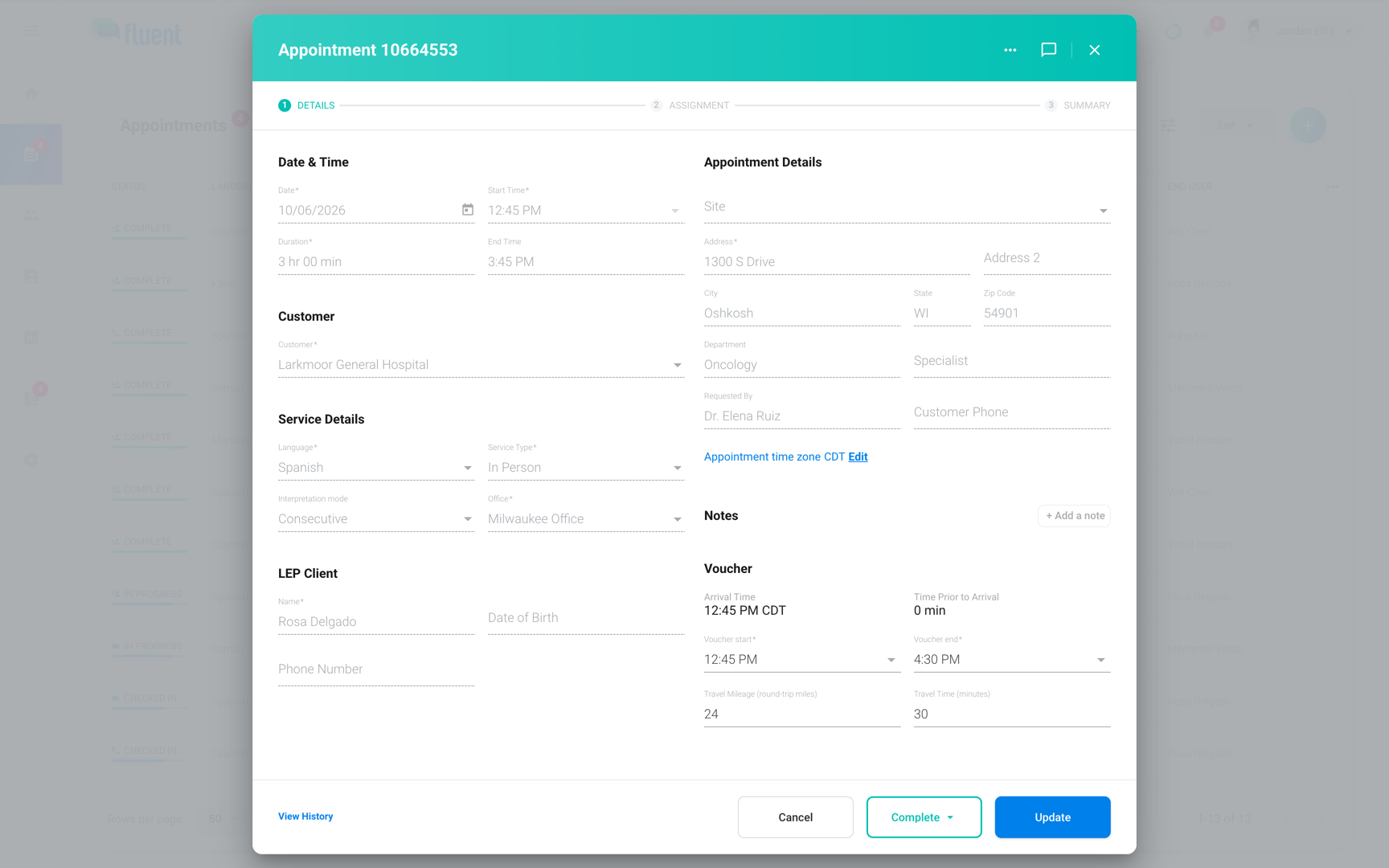 Appointments with the appointment dialog's Voucher section open, showing Arrival Time, Voucher start, Voucher end, and travel