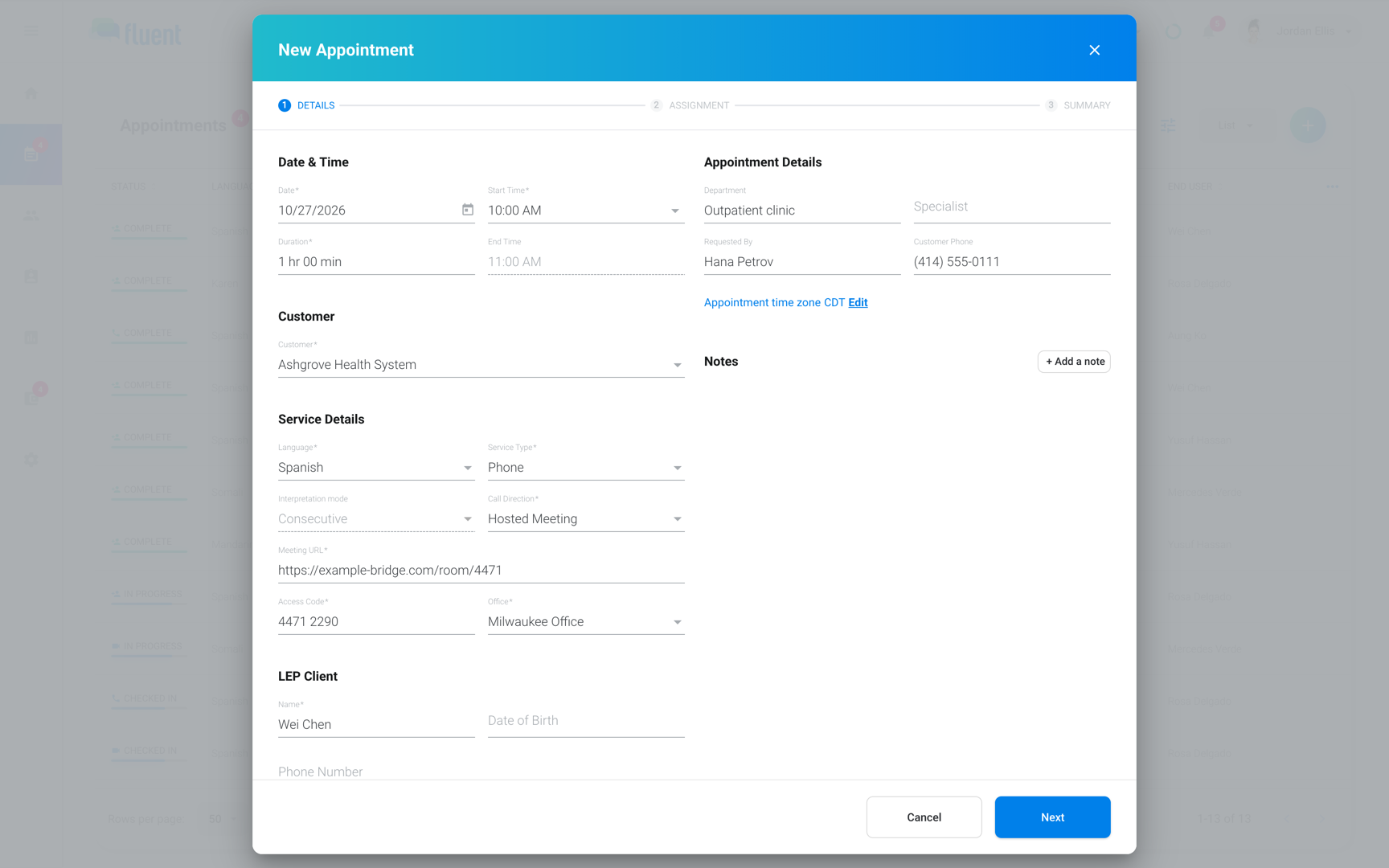 New Appointment Details step with Service Type Phone, Call Direction Hosted Meeting, Meeting URL, and Access Code