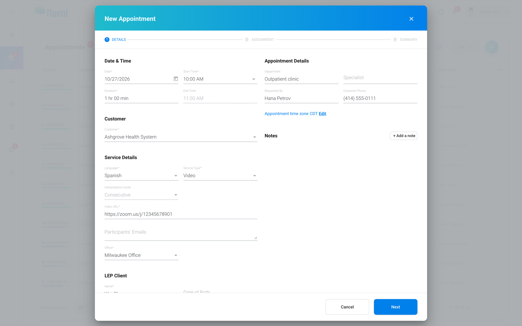 New Appointment Details step with Service Type set to Video and Video URL filled in